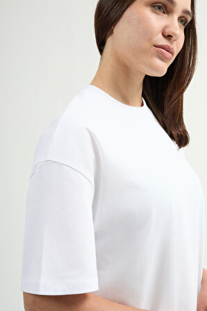 Emilia 80002 Oversize Beyaz Kadın Basic T-Shirt