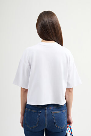 Amanda 82005 Oversize Crop Baskılı Beyaz Kadın Basic T-Shirt