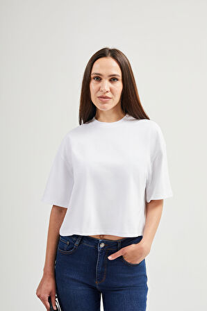 Amanda 82005 Oversize Crop Baskılı Beyaz Kadın Basic T-Shirt