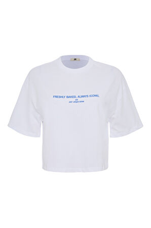 Amanda 82005 Oversize Crop Baskılı Beyaz Kadın Basic T-Shirt