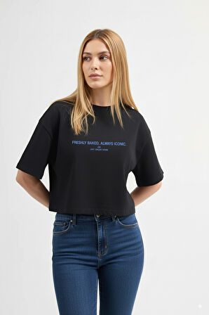 Amanda 82005 Oversize Crop Baskılı Siyah Kadın Basic T-Shirt