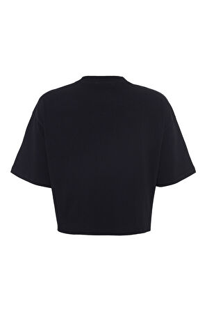 Amanda 82005 Oversize Crop Baskılı Siyah Kadın Basic T-Shirt
