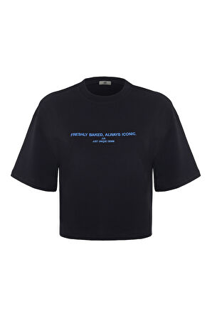 Amanda 82005 Oversize Crop Baskılı Siyah Kadın Basic T-Shirt