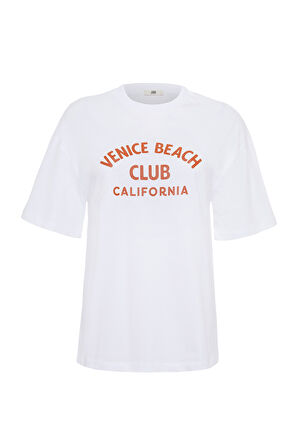 Carla 80003 Oversize Baskılı Beyaz Kadın Basic T-Shirt