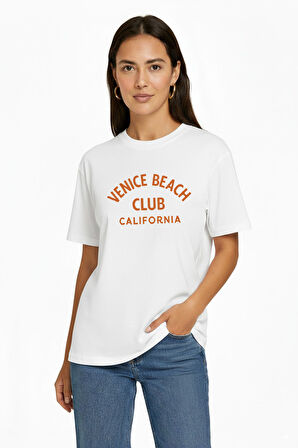 Carla 80003 Oversize Baskılı Beyaz Kadın Basic T-Shirt