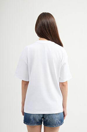 Carla 80003 Oversize Baskılı Beyaz Kadın Basic T-Shirt