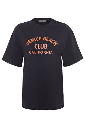 Carla 80003 Oversize Baskılı Siyah Kadın Basic T-Shirt