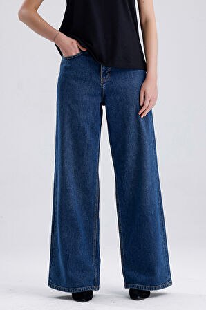 Paris 249 Normal Bel Koyu Mavi Wide Leg Jeans Kadın