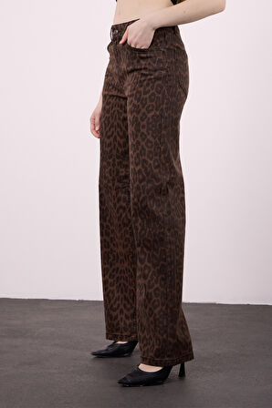 Elena 145 Yüksel Bel Leo Kahve Geniş Paça Pantolon Kadın