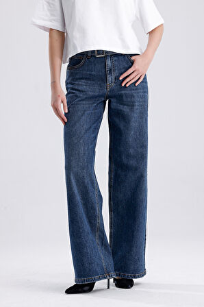 Sophia 308 Normal Kemerli Bel Koyu Mavi Wide Leg Jeans Kadın