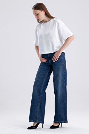 Sophia 308 Normal Kemerli Bel Koyu Mavi Wide Leg Jeans Kadın