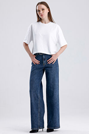 Sophia 308 Normal Kemerli Bel Koyu Mavi Wide Leg Jeans Kadın
