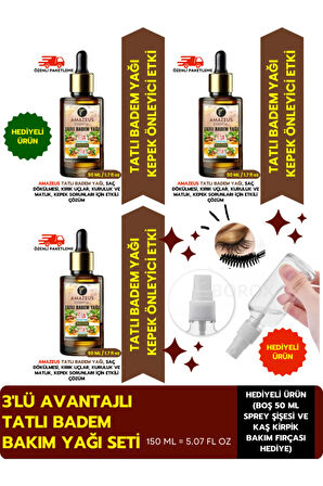 Tatlı Badem Yağı Seti (150ML) - Vegan / Kaş Kirpik Fırçası & Spreyli - Parabensiz, Katkısız