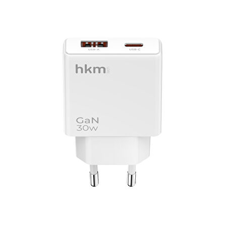 hkm tech EXTRA SLIM GaN 30W USB-A ve Type-C Çift Portlu Hızlı Şarj Aleti, Ultra İnce Güç Adaptörü, Beyaz