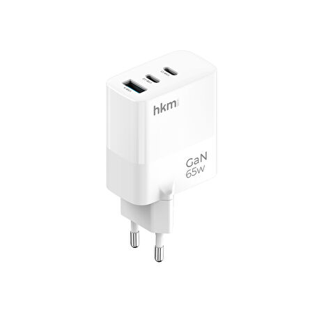 hkm tech GaN MULTI 65W USB-A ve 2*Type-C Üç Portlu Hızlı Şarj Aleti, Güç Adaptörü, Beyaz