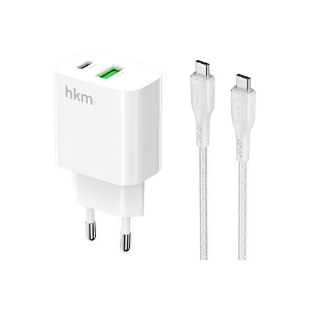 hkm tech BOLT DUO 20W USB-A ve Type-C Çift Portlu Hızlı Şarj Aleti, Type-C Kablo ve Adaptör Seti, Beyaz