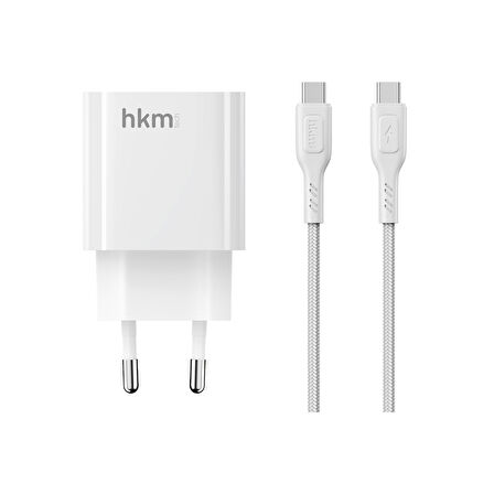 hkm tech BOLT DUO 20W USB-A ve Type-C Çift Portlu Hızlı Şarj Aleti, Type-C Kablo ve Adaptör Seti, Beyaz