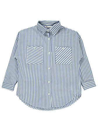 Civil Girls Çizgili 6-9 Yaş Gömlek - Mavi 7-8 Yaş