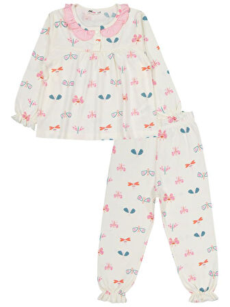 Civil Girls Renkli Kelebek 2-5 Yaş Pijama Takımı - Ekru 5-6 Yaş