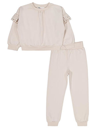 Civil Girls Kolu Fırfırlı 6-9 Yaş Eşofman Takımı - Bej 9-10 Yaş