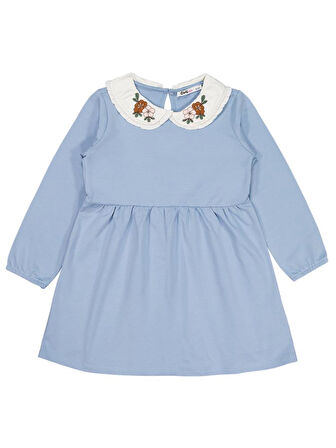 Civil Girls Yakası Nakışlı 6-9 Yaş Elbise - Mavi 6-7 Yaş
