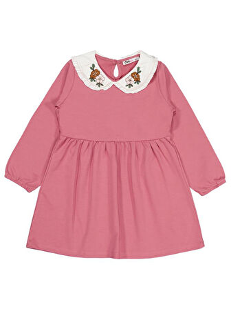 Civil Girls Yakası Nakışlı 6-9 Yaş Elbise - Pembe 6-7 Yaş