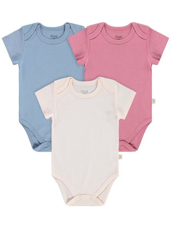 Civil Baby 3 lü Basıc Kısa Kol 0-36 Ay Çıtçıtlı Badi - Pudra