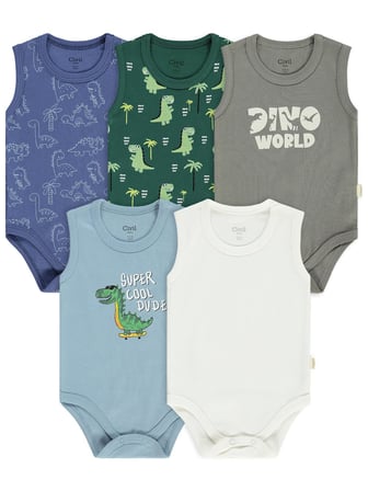 Civil Baby 5 li Dinazor Empirmeli Sıfır Kol 0-36 Ay Çıtçıtlı Badi - Yeşil