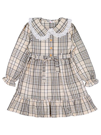 Civil Girls Ekose Desenli 6-9 Yaş Elbise - Bej 6-7 Yaş