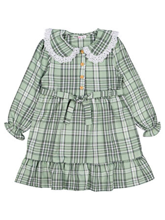 Civil Girls Ekose Desenli 6-9 Yaş Elbise - Yeşil 8-9 Yaş