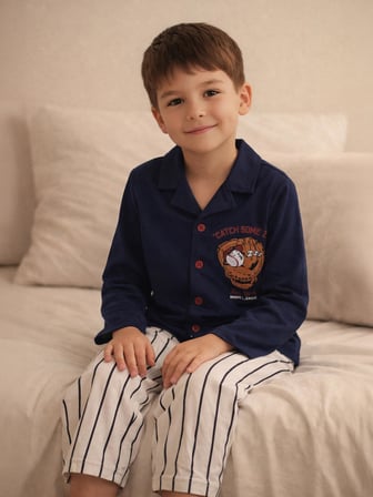 Civil Erkek Çocuk Önü Düğmeli Pijama Takımı | Süprem-Süprem Uzun Kol | Okul Kreş ve Günlük Kullanım - Lacivert
