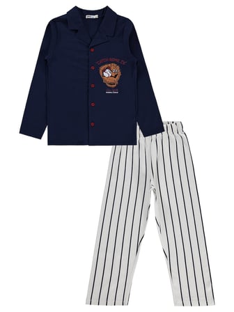 Civil Erkek Çocuk Önü Düğmeli Pijama Takımı | Süprem-Süprem Uzun Kol | Okul Kreş ve Günlük Kullanım - Lacivert