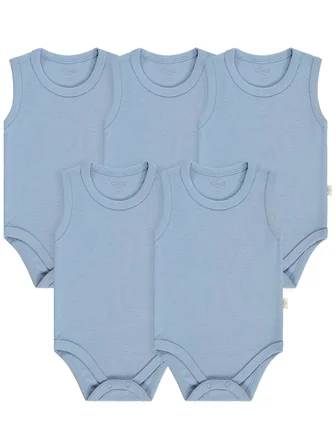 Civil Baby Organik 5 li Sıfır Kol 3-9 Ay Çıtçıtlı Badi - Mavi 6-9 Ay