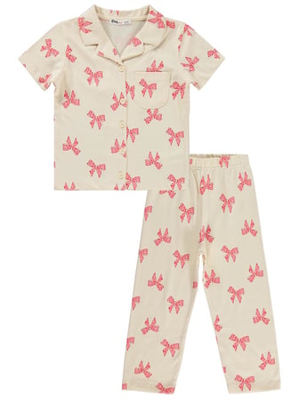 Civil Girls Fiyonk Desenli 6-9 Yaş Pijama Takımı - Fil Dişi