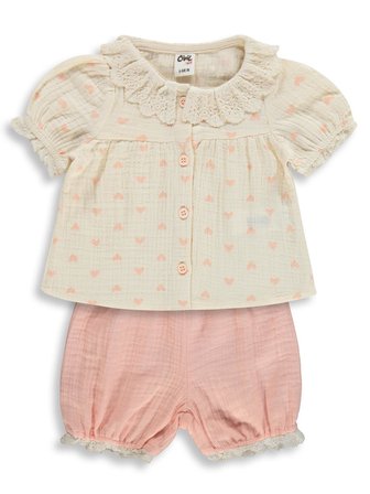 Civil Baby Yaka Dantelli Kalp Baskılı 6-18 Ay Takım - Bej