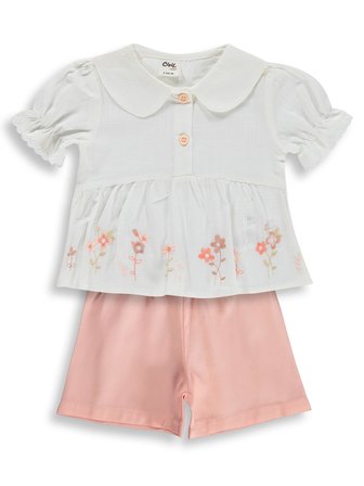 Civil Baby Etek Ucu Çiçek Nakışlı 6-18 Ay Takım - Ekru