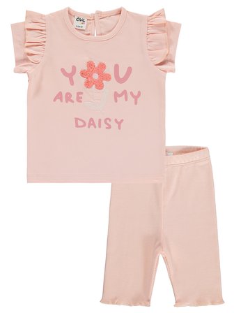 Civil Baby Yazı-Çiçek Baskı Nakış 6-18 Ay Takım - Pudra