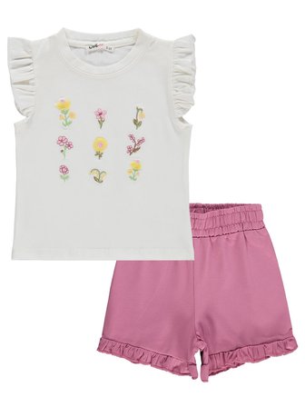 Civil Girls Çiçek Nakışlı 2-5 Yaş Takım - Ekru-Soft Pembe