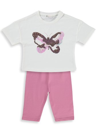 Civil Girls Kelebek Nakışlı 2-5 Yaş Takım - Ekru-Soft Pembe