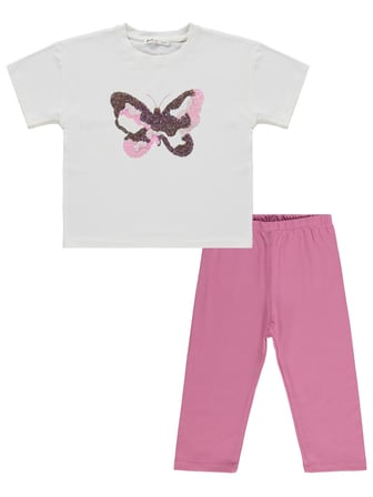 Civil Girls Kız Çocuk Kelebek Nakışlı 6-9 Yaş Takım - Ekru-Soft Pembe