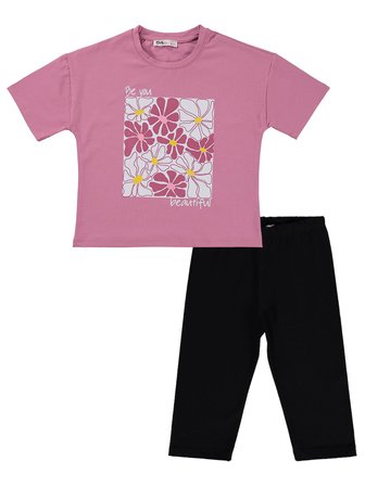 Civil Girls Renkli Çiçek Baskılı 6-9 Yaş Takım - Soft Pembe-Siyah