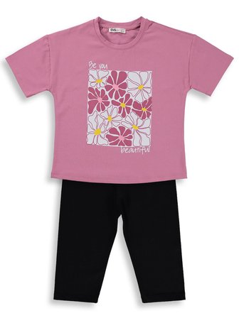 Civil Girls Renkli Çiçek Baskılı 6-9 Yaş Takım - Soft Pembe-Siyah
