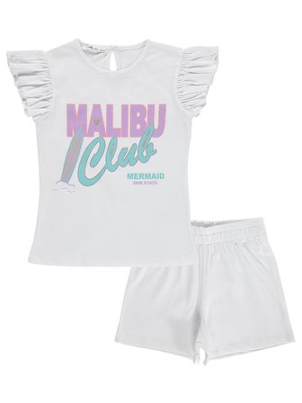 Civil Girls Malibu Baskılı Şortlu 6-9 Yaş Takım - Kırık Beyaz