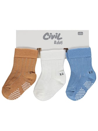 Civil Baby Çift Baskı Kaydırmaz 3'lü 6- Bebek Erkek Çorap Set - Standart