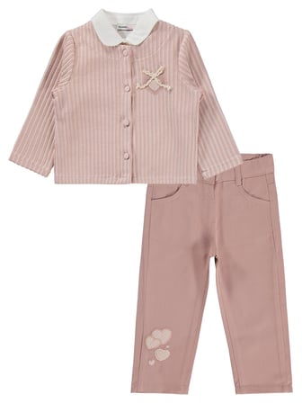 Civil Girls Pantolon Ceket Nakışlı 3 Lü 2-5 Yaş Takım - Pudra