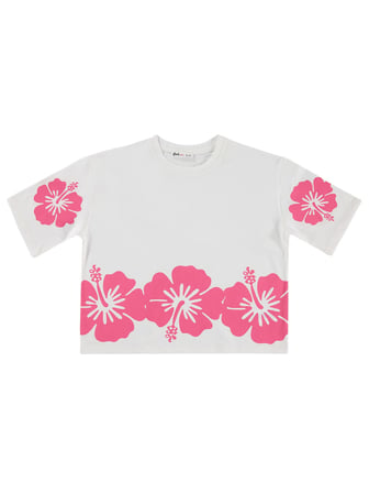 Civil Girls Hibiskus Çiçek Baskılı 10-13 Yaş Tişört - Kırık Beyaz