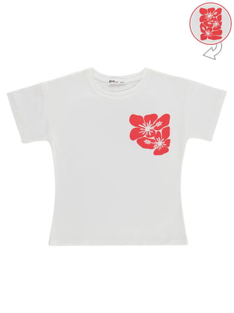 Civil Girls Hibiskus Baskılı 6-9 Yaş Tişört - Kırık Beyaz