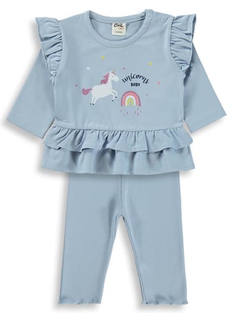 Civil Baby Unicorn Baskılı Fırfırlı 3-18 Ay Takım - Mavi