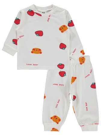 Civil Baby Ayı Çilek Empirme 6-18 Ay Pijama Takımı - Ekru