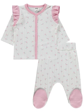 Civil Baby Çiçek Empirme Fırfırlı 1-9 Ay Pijama Takımı - Ekru